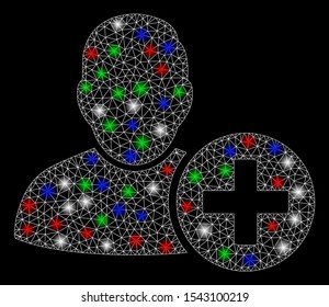 Bright mesh add user with glow effect. White wire frame polygonal mesh in vector format on a black background. Abstract 2d mesh designed with polygonal grid, small circle, colored glare spots.
