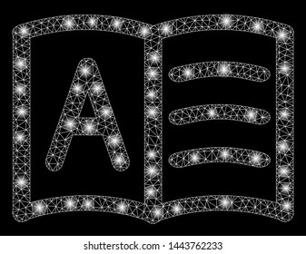 Bright mesh addresses with lightspot effect. Shiny wire carcass triangular mesh in vector format on a black background. Abstract 2d mesh designed with polygonal grid, round dots, glowing flash spots.