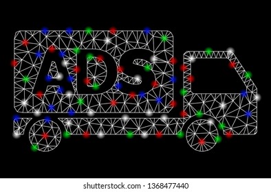 Bright mesh advertisement car with glare effect. White wire frame polygonal mesh in vector format on a black background. Abstract 2d mesh created from polygonal grid, points, colored glare spots.