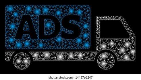 Bright mesh advertisement car with glare effect. Shiny wire carcass polygonal network in vector format on a black background. Abstract 2d mesh designed with triangular lines, points,