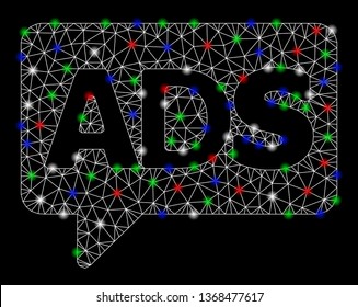 Bright mesh advertisiment message with glow effect. White wire carcass polygonal mesh in vector format on a black background. Abstract 2d mesh designed with polygonal grid, dots, colored flash spots.