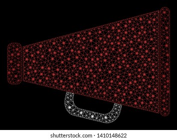 Bright mesh advertising megaphone with lightspot effect. Shiny wire frame polygonal mesh in vector format on a black background. Abstract 2d mesh designed with triangular lines, points,