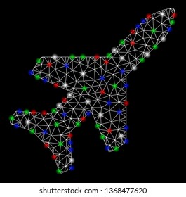 Bright mesh aeroplane with glare effect. White wire frame polygonal mesh in vector format on a black background. Abstract 2d mesh created from triangular lines, spheric points, colored glare spots.