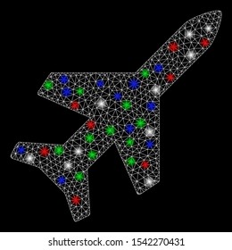 Bright mesh aeroplane with glow effect. White wire frame polygonal mesh in vector format on a black background. Abstract 2d mesh designed with polygonal grid, dots, colorful glare spots.