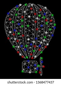 Bright mesh aerostat balloon with glow effect. White wire carcass triangular mesh in vector format on a black background. Abstract 2d mesh designed with triangular lines, round dots,