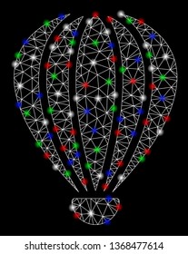 Bright mesh aerostat with glare effect. White wire frame polygonal network in vector format on a black background. Abstract 2d mesh designed with polygonal grid, points, colored glare spots.