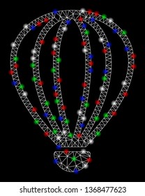 Bright mesh aerostat with glare effect. White wire frame triangular mesh in vector format on a black background. Abstract 2d mesh designed with triangular lines, round dots, colored flash spots.