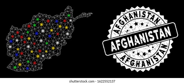 Bright mesh Afghanistan map with glare effect, and stamp. Wire carcass triangular Afghanistan map mesh in vector format on a black background. White round stamp with corroded surface.