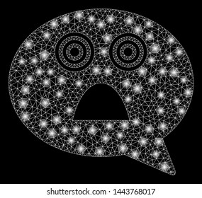 Bright mesh afraid smiley message with glow effect. Shiny wire carcass triangular network in vector format on a black background. Abstract 2d mesh designed with triangular lines, points,