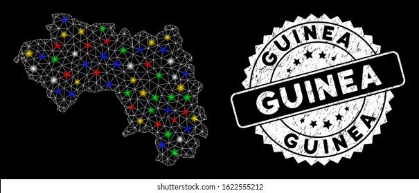 Bright mesh African Guinea map with glow effect, and seal stamp. Wire frame polygonal African Guinea map mesh in vector format on a black background. White round seal stamp with scratched textures.