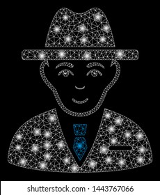 Bright mesh agent with glare effect. Shiny wire frame polygonal mesh in vector format on a black background. Abstract 2d mesh created from polygonal grid, dots, glossy flash spots.