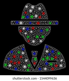 Bright mesh agent with glare effect. White wire frame triangular mesh in vector format on a black background. Abstract 2d mesh designed with triangles, round dots, colored glare spots.