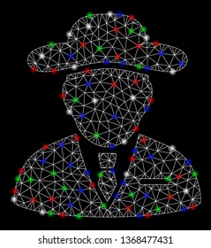 Bright mesh agent with glow effect. White wire carcass triangular mesh in vector format on a black background. Abstract 2d mesh designed with triangular lines, round dots, colorful flash spots.