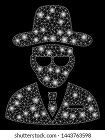 Bright mesh agent with glow effect. Shiny wire frame triangular mesh in vector format on a black background. Abstract 2d mesh designed with triangular lines, dots, glossy glare spots.