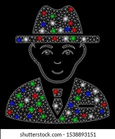 Bright mesh agent with glow effect. White wire carcass polygonal mesh in vector format on a black background. Abstract 2d mesh designed with polygonal grid, small circle, colorful flare spots.