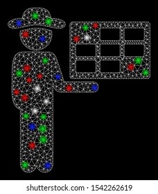 Bright mesh agent schedule with glow effect. White wire carcass triangular mesh in vector format on a black background. Abstract 2d mesh designed with triangular lines, points, colored glare spots.