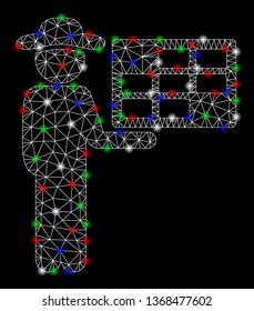 Bright mesh agent schedule with lightspot effect. White wire frame triangular mesh in vector format on a black background. Abstract 2d mesh created from triangular lines, points, colorful flash spots.