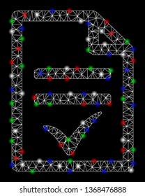Bright mesh agreement document with glare effect. White wire carcass polygonal mesh in vector format on a black background. Abstract 2d mesh designed with triangles, spheric points,