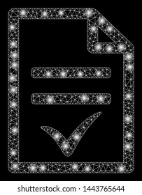 Bright mesh agreement document with glare effect. Shiny wire frame triangular mesh in vector format on a black background. Abstract 2d mesh built from triangles, round dots, glossy glare spots.