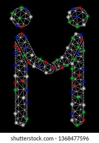 Bright mesh agreement with glare effect. White wire frame polygonal mesh in vector format on a black background. Abstract 2d mesh designed with triangles, spheric points, colorful glare spots.
