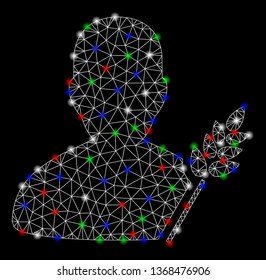 Bright mesh agriculture farmer with glow effect. White wire frame triangular mesh in vector format on a black background. Abstract 2d mesh designed with triangular lines, small circle,