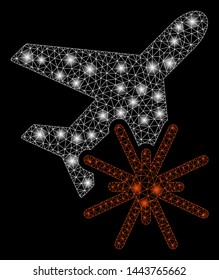 Bright mesh aiplane explosion with lightspot effect. Shiny wire frame polygonal mesh in vector format on a black background. Abstract 2d mesh designed with polygonal grid, dots, glossy flash spots.