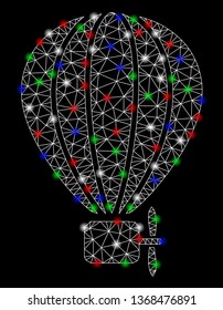 Bright mesh air balloon with glare effect. White wire frame polygonal network in vector format on a black background. Abstract 2d mesh designed with triangular lines, spheric points,