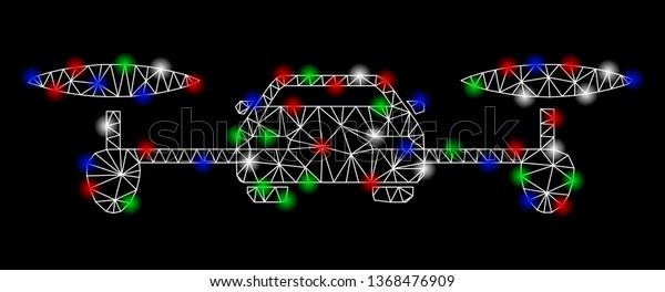 Bright mesh air car with glow effect. White wire
frame triangular network in vector format on a black background.
Abstract 2d mesh designed with triangular lines, round dots,
colorful flare spots.