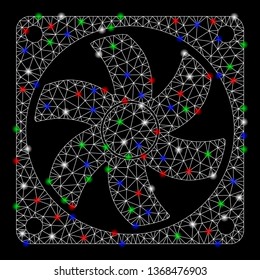 Bright mesh air conditioner with glare effect. White wire carcass polygonal mesh in vector format on a black background. Abstract 2d mesh designed with triangular lines, small circle,