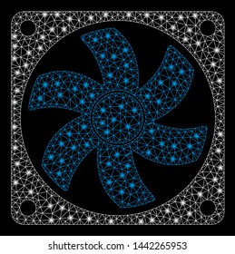 Bright mesh air conditioner with lightspot effect. Shiny wire carcass polygonal network in vector format on a black background. Abstract 2d mesh designed with polygonal grid, round dots,