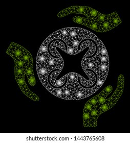 Bright mesh air copter care hands with glare effect. Shiny wire frame triangular mesh in vector format on a black background. Abstract 2d mesh designed with triangular lines, round dots,