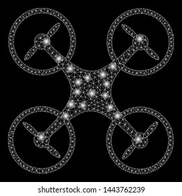 Bright mesh air copter with glow effect. Shiny wire carcass polygonal mesh in vector format on a black background. Abstract 2d mesh designed with polygonal grid, dots, glossy glare spots.