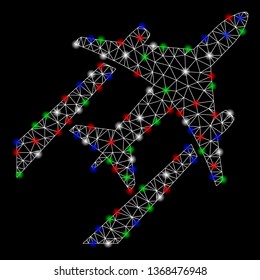 Bright mesh air jet trace with glow effect. White wire frame triangular mesh in vector format on a black background. Abstract 2d mesh designed with triangular lines, dots, colored flash spots.