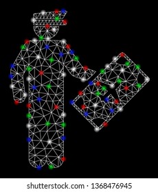 Bright mesh air officer with glare effect. White wire carcass polygonal mesh in vector format on a black background. Abstract 2d mesh created from polygonal grid, small circle, colorful light spots.