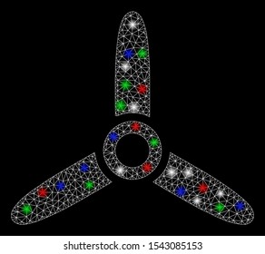Bright mesh air turbine with glare effect. White wire frame triangular network in vector format on a black background. Abstract 2d mesh designed with triangles, points, colorful glare spots.