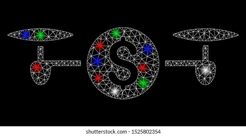 Bright mesh aircopter payment with glare effect. White wire carcass triangular mesh in vector format on a black background. Abstract 2d mesh designed with triangular lines, small circle,
