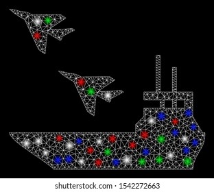 Bright mesh aircraft carrier with glare effect. White wire carcass triangular mesh in vector format on a black background. Abstract 2d mesh designed with triangles, spheric points,