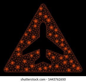 Bright mesh aircraft danger with glare effect. Shiny wire frame polygonal mesh in vector format on a black background. Abstract 2d mesh designed with triangular lines, spheric points,