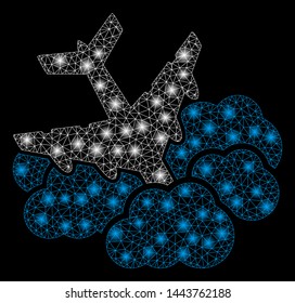 Bright mesh aircraft falls into clouds with glare effect. Shiny wire frame polygonal mesh in vector format on a black background. Abstract 2d mesh created from polygonal grid, spheric points,