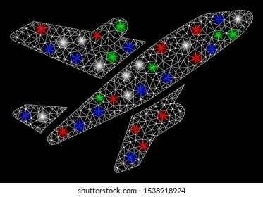 Bright mesh aircraft with glare effect. White wire carcass polygonal network in vector format on a black background. Abstract 2d mesh designed with polygonal grid, spheric points,