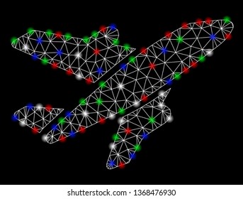 Bright mesh aircraft with glow effect. White wire carcass polygonal mesh in vector format on a black background. Abstract 2d mesh created from polygonal grid, dots, colorful glare spots.