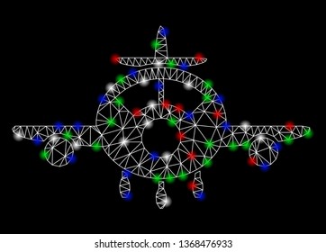 Bright mesh aircraft with glow effect. White wire carcass triangular mesh in vector format on a black background. Abstract 2d mesh designed with triangular lines, small circle, colorful flash spots.