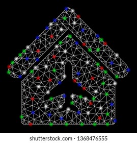 Bright mesh aircraft hangar with glow effect. White wire carcass triangular mesh in vector format on a black background. Abstract 2d mesh designed with triangular lines, points, colored flare spots.