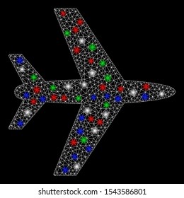 Bright mesh aircraft with lightspot effect. White wire frame triangular mesh in vector format on a black background. Abstract 2d mesh created from triangular lines, points, colored light spots.