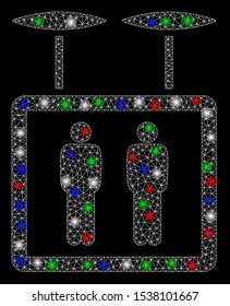 Bright mesh airdrone elevator with glare effect. White wire carcass triangular mesh in vector format on a black background. Abstract 2d mesh created from triangular lines, dots, colorful glare spots.