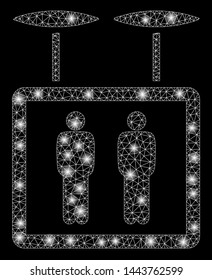 Bright mesh airdrone elevator with lightspot effect. Shiny wire frame polygonal network in vector format on a black background. Abstract 2d mesh designed with polygonal grid, round dots,