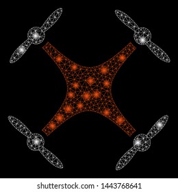 Bright mesh airdrone with glare effect. Shiny wire frame triangular mesh in vector format on a black background. Abstract 2d mesh designed with triangular lines, spheric points, glossy flare spots.