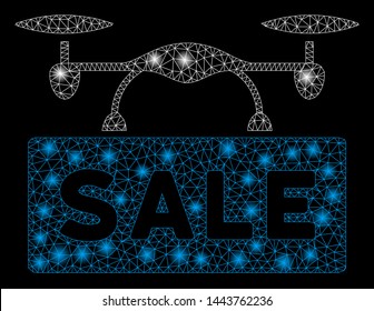 Bright mesh airdrone sale with glare effect. Shiny wire frame triangular mesh in vector format on a black background. Abstract 2d mesh designed with polygonal grid, dots, glossy flash spots.