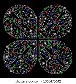 Bright mesh airdrone screws rotation with lightspot effect. White wire frame polygonal mesh in vector format on a black background. Abstract 2d mesh built from polygonal grid, dots,