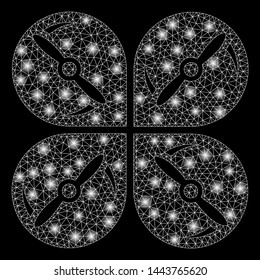 Bright mesh airdrone screws rotation with glow effect. Shiny wire carcass triangular mesh in vector format on a black background. Abstract 2d mesh designed with triangles, points, glossy flare spots.